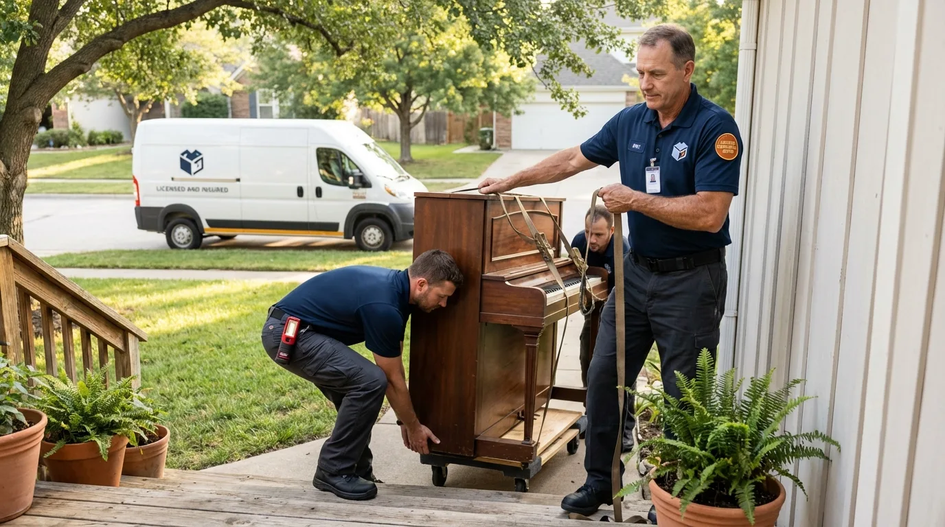 Licensed piano movers securing grand piano in Forestville, CA