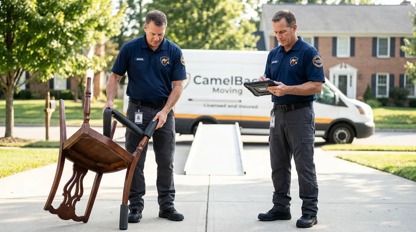Movers inspecting furniture for damage prevention before loading in Forestville, CA