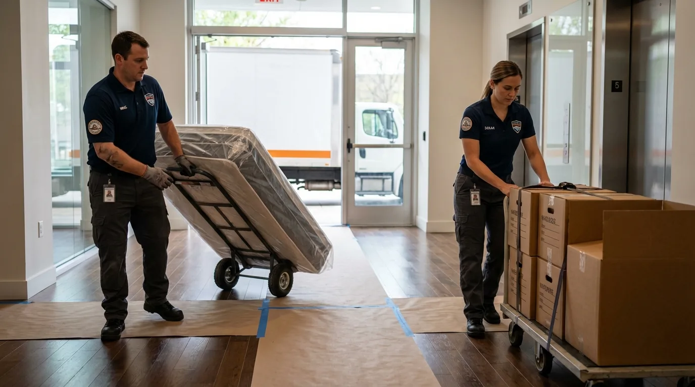 Professional apartment movers loading elevator in Forestville, CA