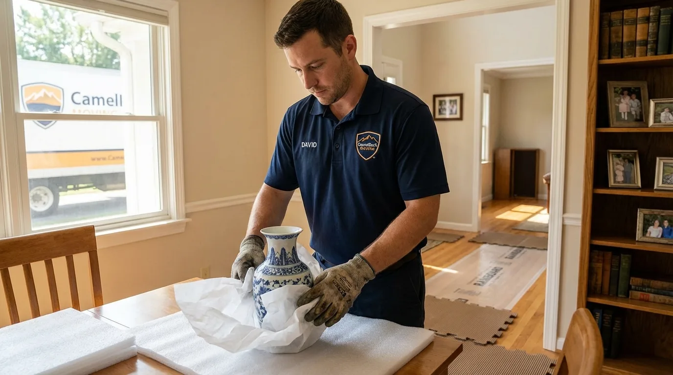 Professional crew carefully wrapping antique vase for senior downsizing move in Forestville, CA